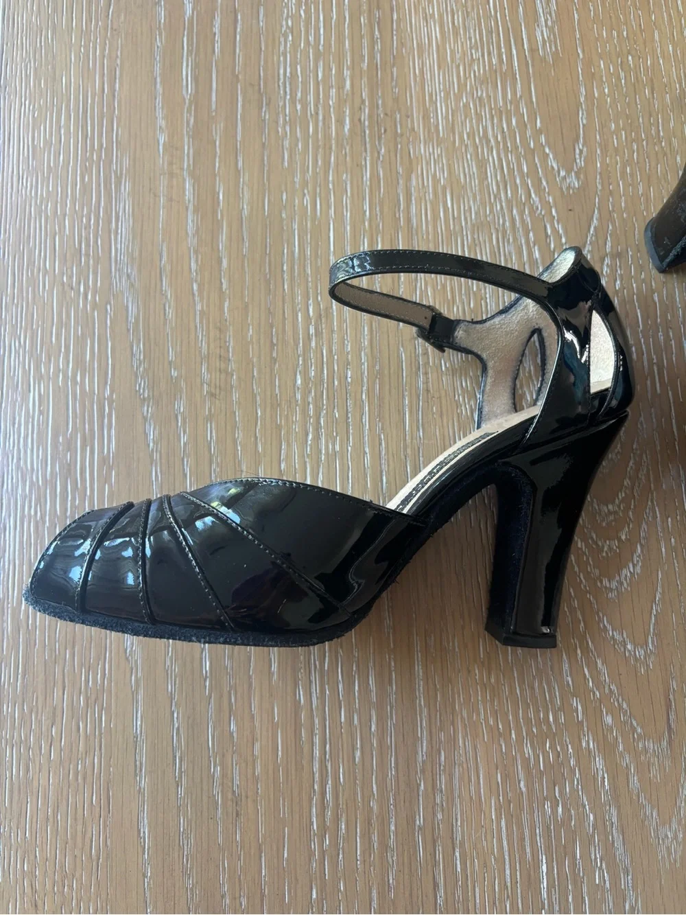 Black Patent 100% Genuine Leather Peep-Toe Ankle Strap Heels